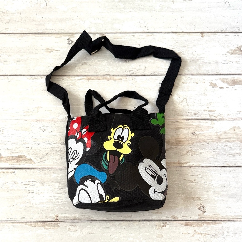 Disney Mickey & Friends Donald Pluto Crossbody Tote Bag Black Canvas 7in x 8in